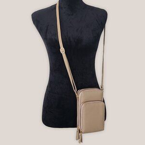 SG SUGU Aria Triple Compartment Wallet Crossbody Purse in Beige Phone Travel Bag